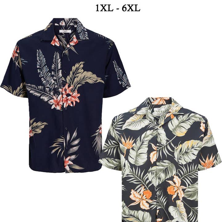 Jack & Jones Big & Tall Fit Size Men's Floral Short Sleeve Shirt In Soft Touch Viscose Size 1XL-6XL, 2 Colours for wholesale by Brooklyn Big & Tall