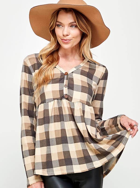 CHECKER PRINT V NECK BUTTON DETAIL KNIT TOP for wholesale by Peace Love Line