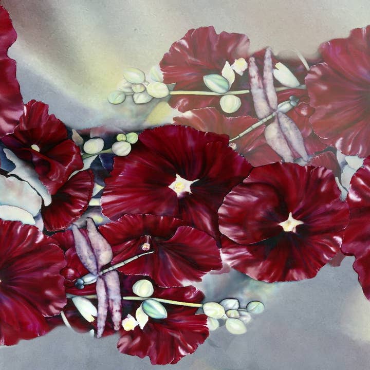 Silk Squirrel - Vendita all'ingrosso Sciarpa - Donna - Sciarpa di seta rossa - Sciarpa libellula - Red Hollyhock velato2