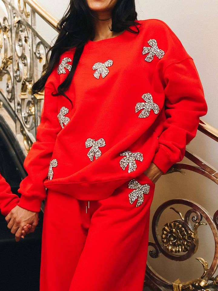 Red Christmas Sequin Bow Sweatshirt And Pants Set for wholesale on Faire
