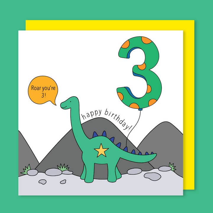 Dinosaur Themed Children's Birthday Card Age 3 for wholesale by t'art designs