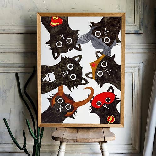 Super Cats Unite Wall Art Print, Superhero Print, Cat Art Print, Kids Bedroom Decor for wholesale by Baldy And The Fidget