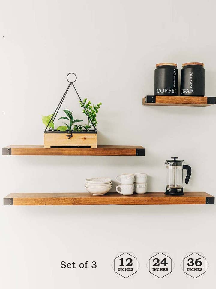 The Joey - Floating Shelves for Wall Mounted, Modern Rustic All Wood Wall Shelves, Set of 2 for Bedroom, Bathroom, Family Room, Kitchen with Decorative Iron Corners (1) 36 x 6 x 1.5 - (1) 24 x 6 x 1.5 inches - (1) 12 x 6 x 1.5 inches for wholesale by Willow and Grace Designs Inc
