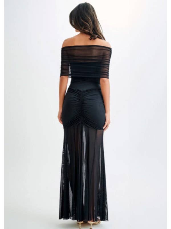 Vibesoothe - Vente Robe de soirée – femme - Noir Enchanté - Robe Épaules Dénudées Transparente