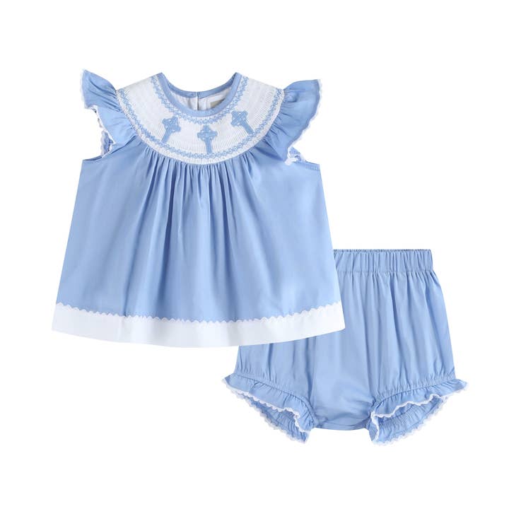 Periwinkle Blue Crosses Smocked Dress and Bloomers Set for wholesale by Lil Cactus