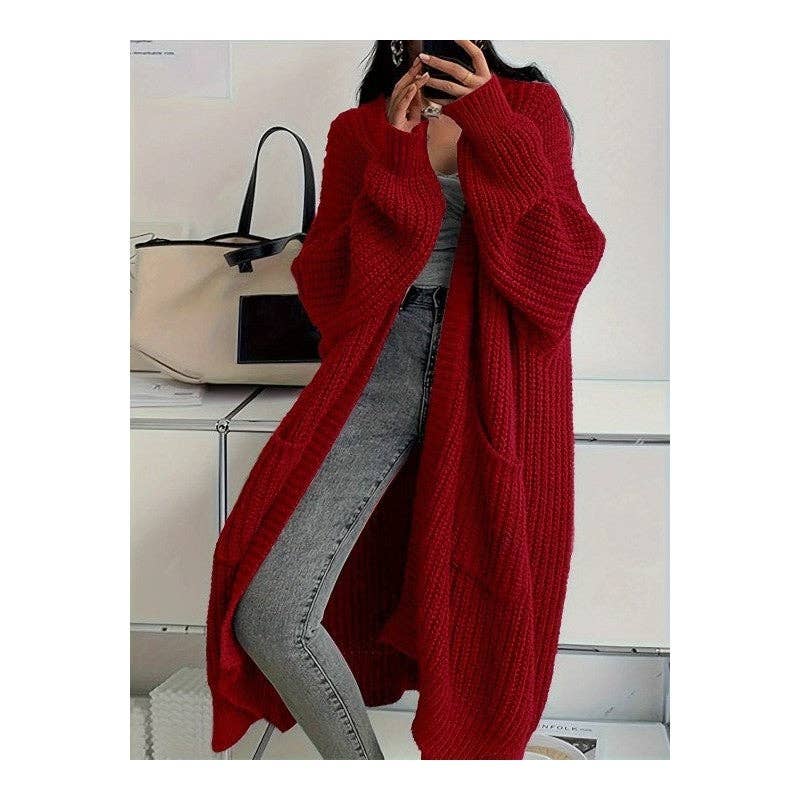 Plush Looks - Wholesale Cardigan - Women's - Thick Mid-Length Loose Knit Sweater Coat6