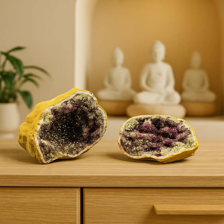 Irisierender Gelber Naturgeode Kristall 13-16 cm für den Großhandel von Etnico del Mondo