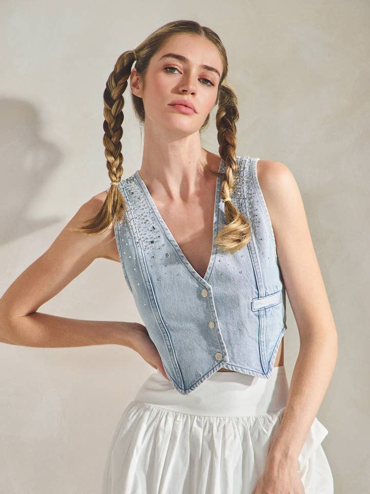 DENIM BODYWARMER MET STRASS S5907R voor wholesale door Signature 8