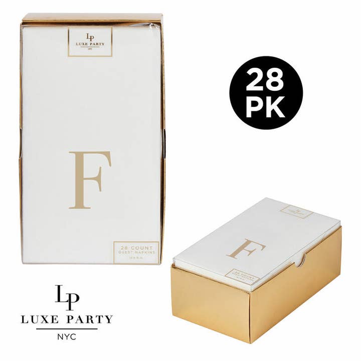 Servilletas de papel con monograma en lámina dorada con letra F y caja de regalo | 28 servilletas para venta al por mayor de Luxe Party