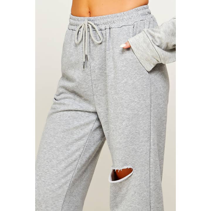Sweet Generis - Wholesale Lounge Sweatpants/jogging bottoms – Women's - RAW CUT WIDE LEG JOGGER SWEATPANTS WITH KNEE RIP22