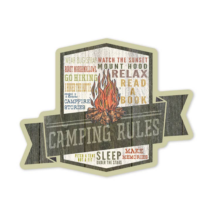Lantern Press - Wholesale Sticker - Vinyl Sticker Camping Rules, Typography0