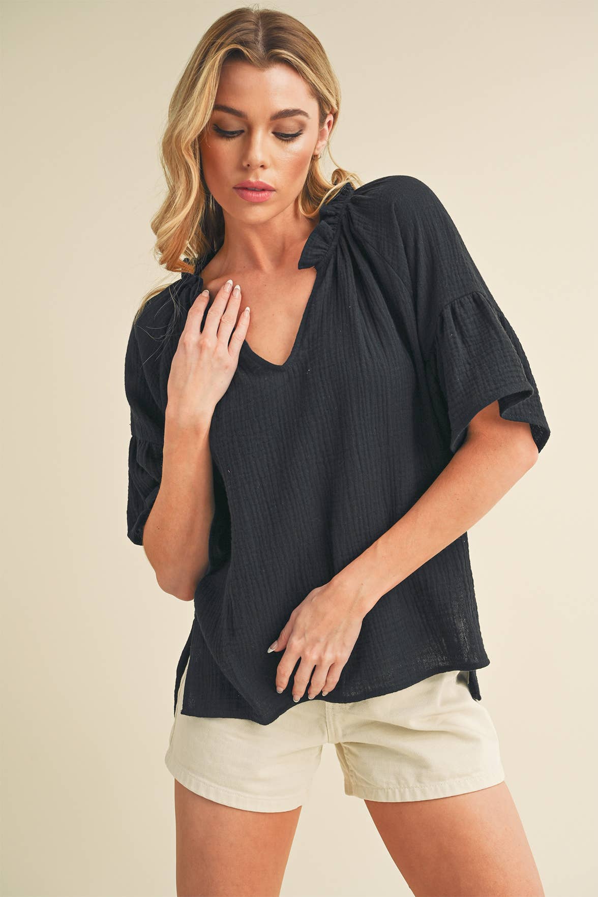 AEMI + CO - Wholesale Blouse - Women's - 8258DK Tes 3/4 Sleeve Ruffle Top 62