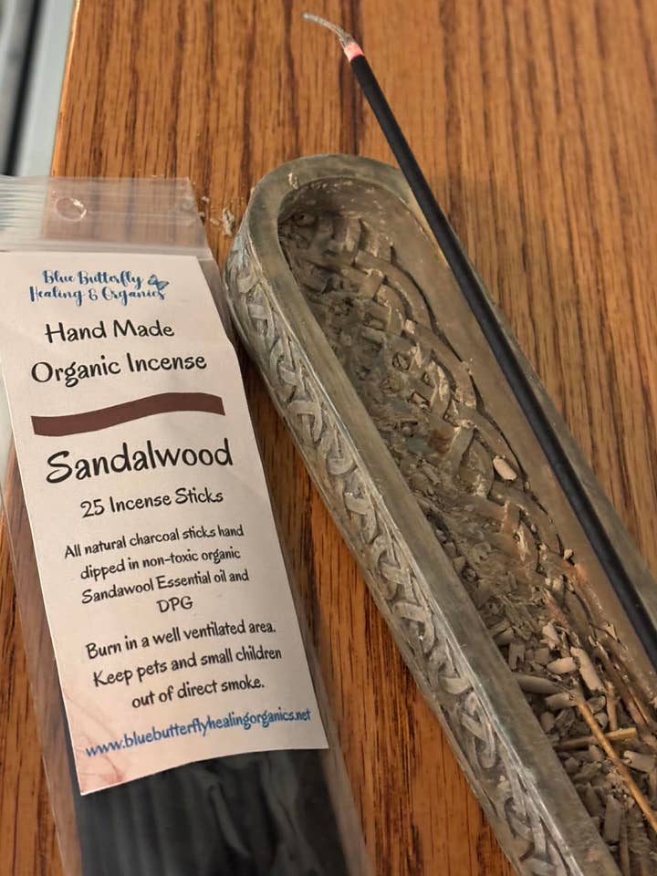 Blue Butterfly Healing & Organics, Handmade Organic Sandalwood Incense Sticks, All Natural Charcoal with Essential Oil, 25 Count for wholesale by Blue Butterfly Healing & Organics LLC