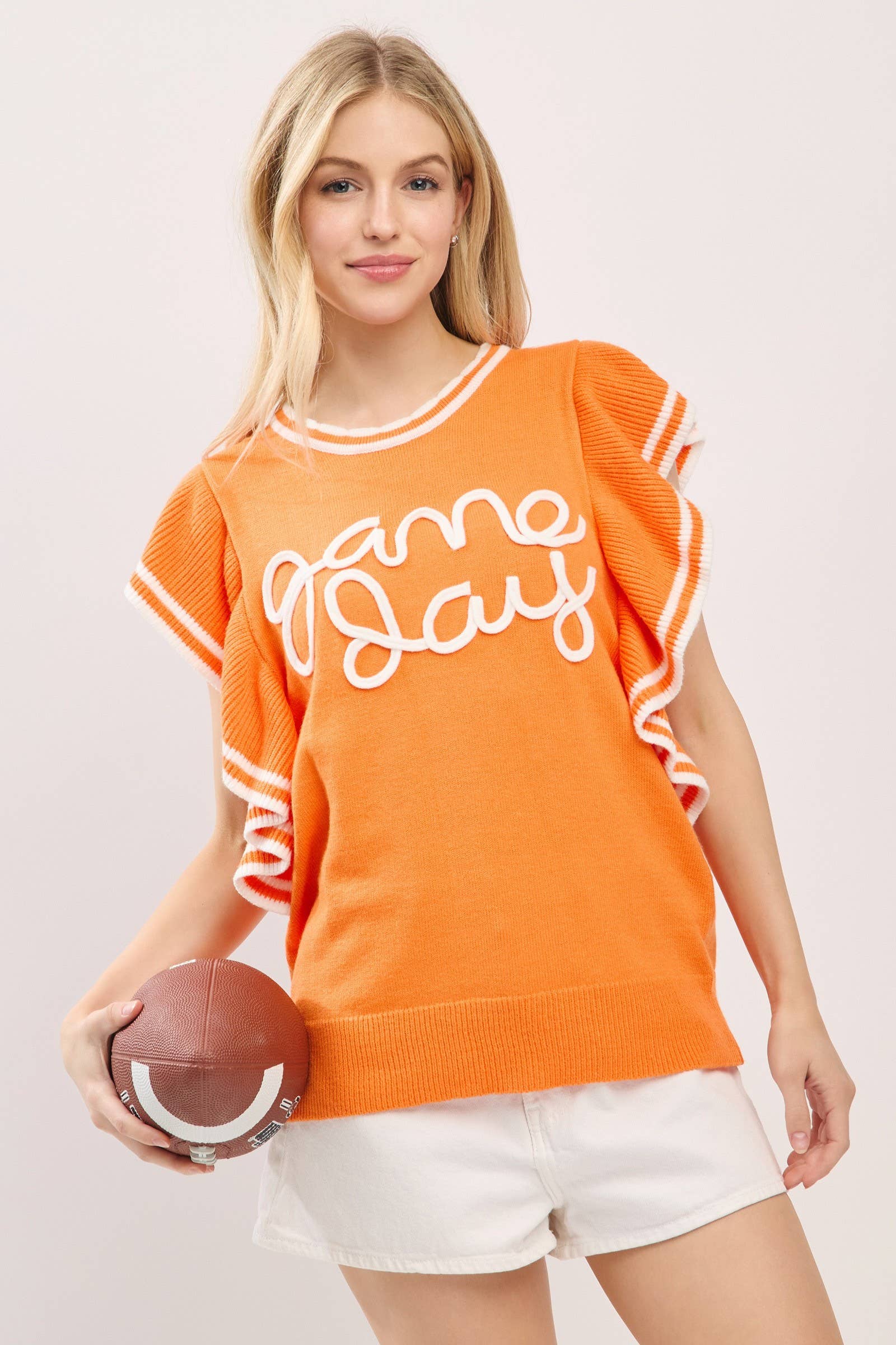 Sewn and Seen - Vente Haut en maille – femme - Haut en maille de jour de match à manches volantées style universitaire7