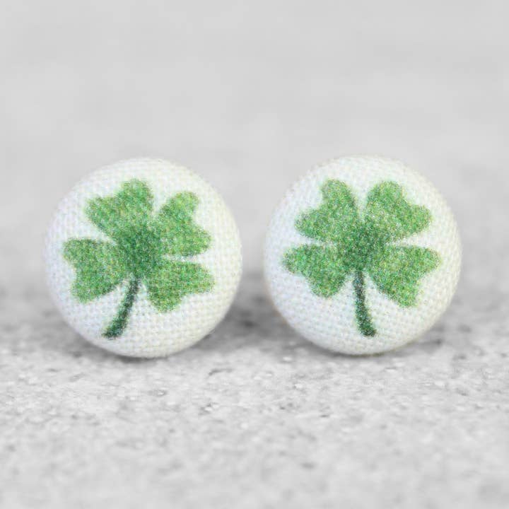 Vintage Style Four Leaf Clover Fabric Button Earrings for wholesale by Rachel O's