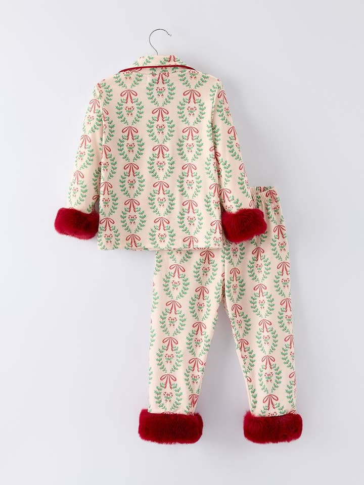 Rylee Faith Designs - Wholesale Sleepwear Set - Kids - Christmas Long Sleeve Pajama Set with Red Cuffs and Festive Pattern1