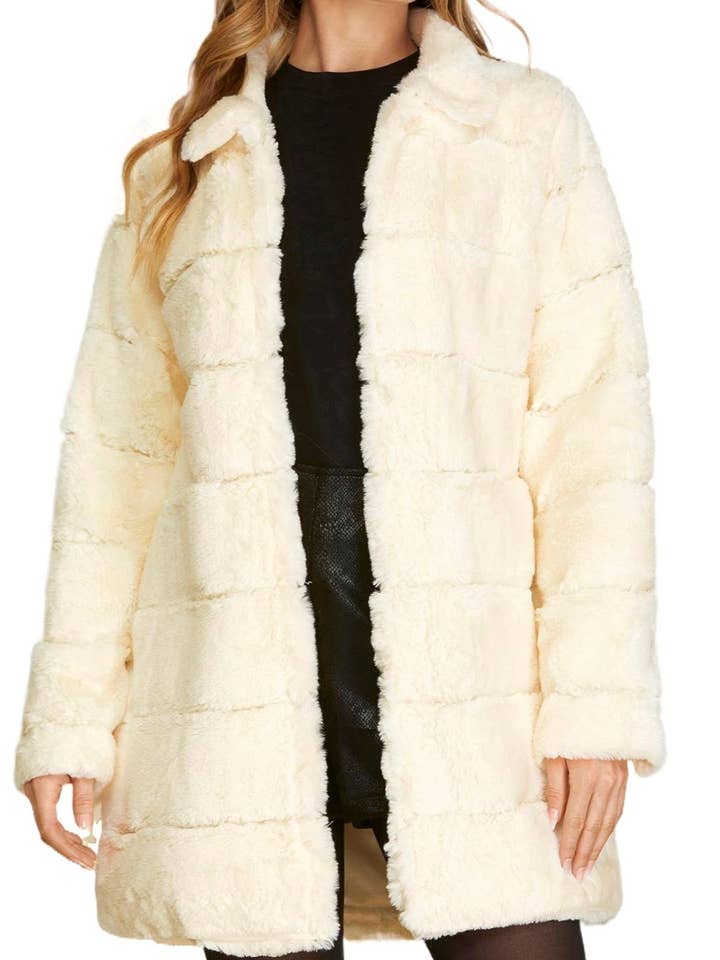 Long Sleeve Faux Fur Jacket With Side Pockets for wholesale by Vanilla Monkey