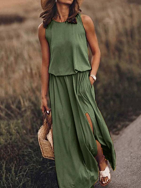 Sheer Trend - Wholesale Dress - Women's - Simple Casual Solid Color Split-Side Sleeveless Midi Dress