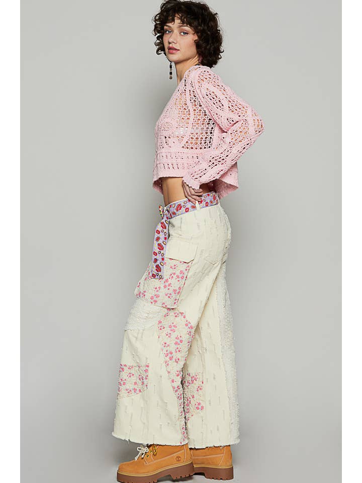 Pol Clothing - Wholesale Jeans - Women's - Wavy pattern crochet detail straight denim pants