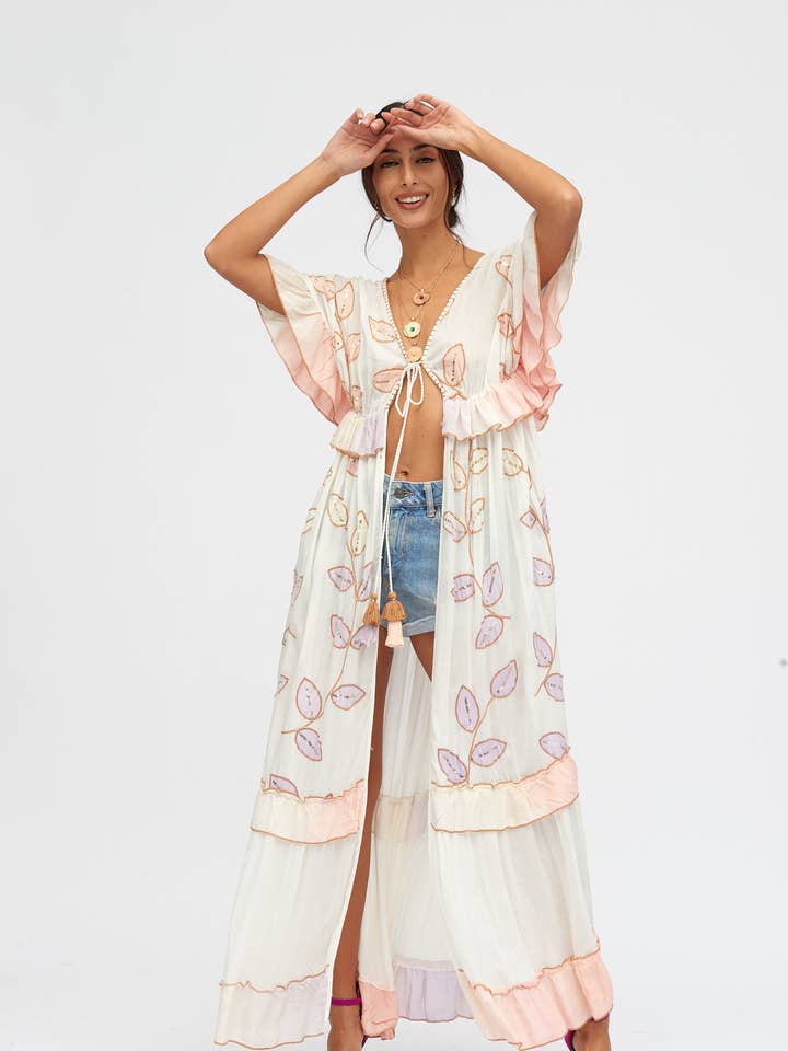 Long kimono with leaf embroidery - Handmade for wholesale by ANISA