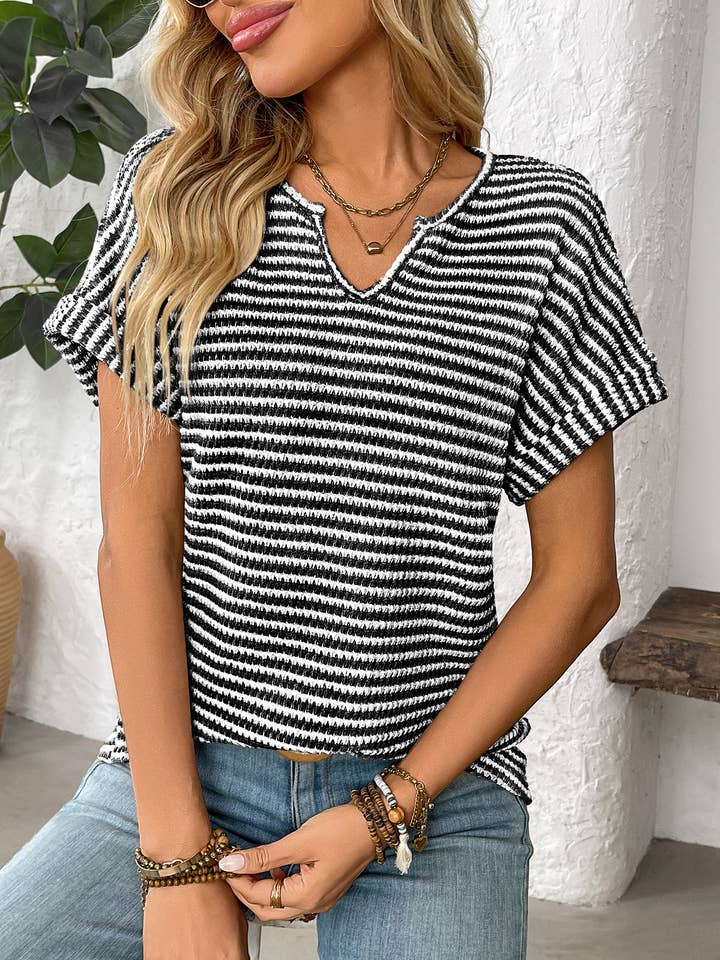 Lily Clothing - Wholesale Shirt - Women's - V-neck loose striped casual pullover T-shirt