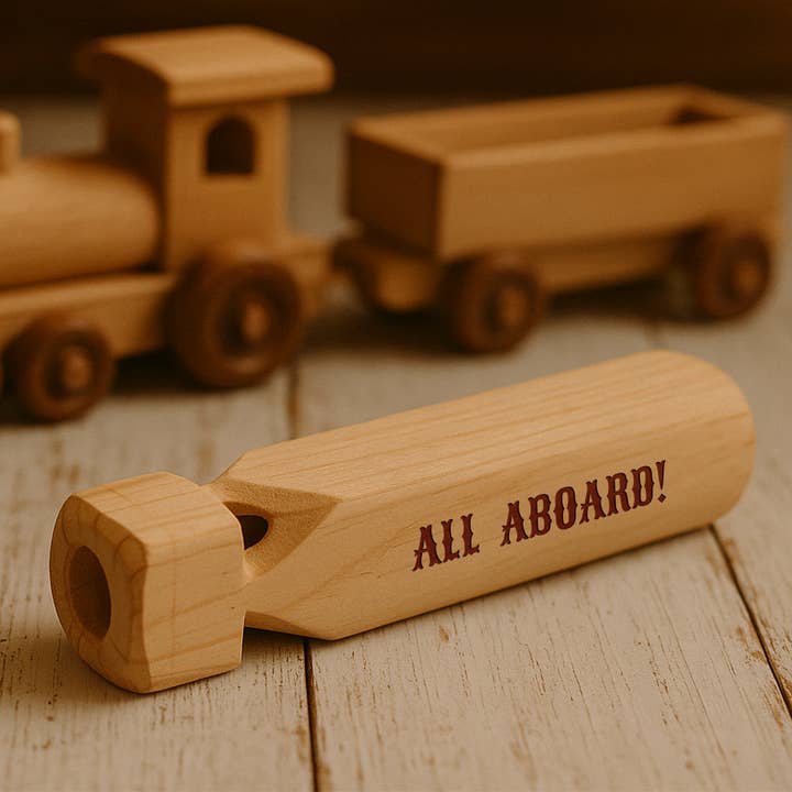 'All Aboard' Traditional Wooden Train Whistle for wholesale by CGB Giftware