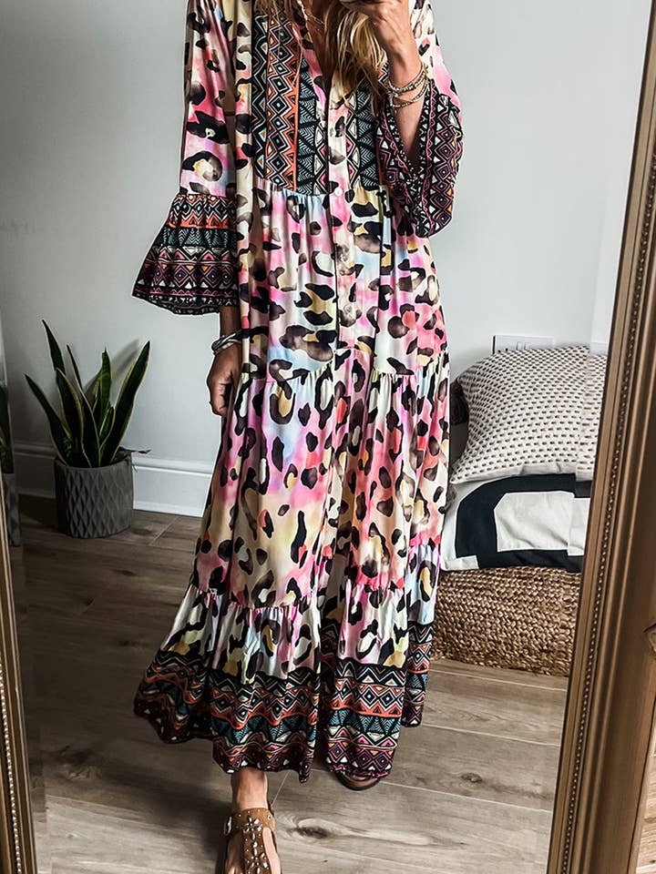 Rosa Western Leopard Tired Maxiklänning för wholesale på Faire
