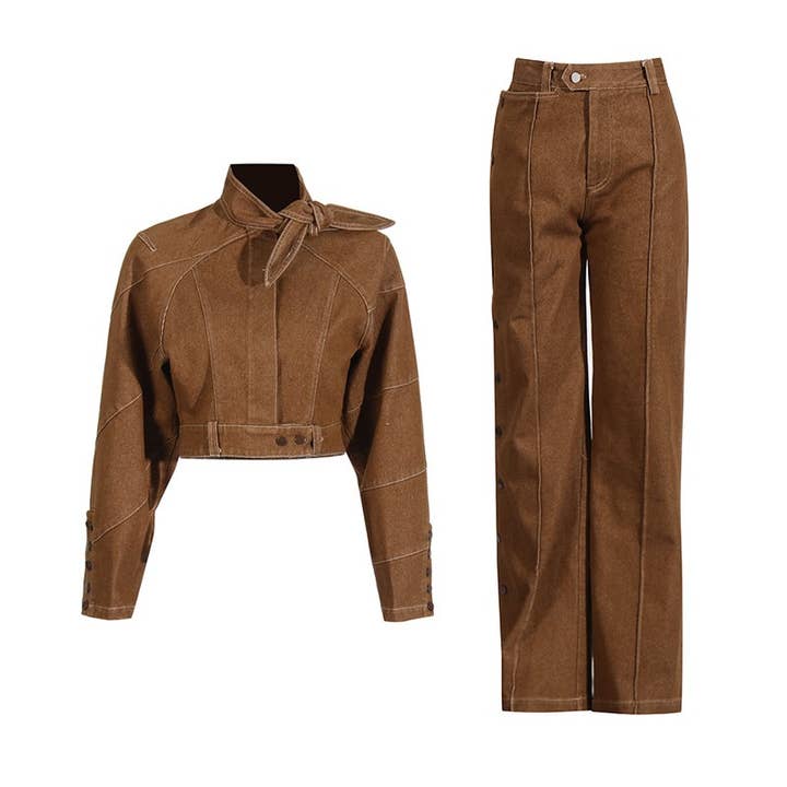Color as pictures SET-34Retro Distressed Two-Piece Suit:Lace-Up Jacket & Pants for wholesale on Faire