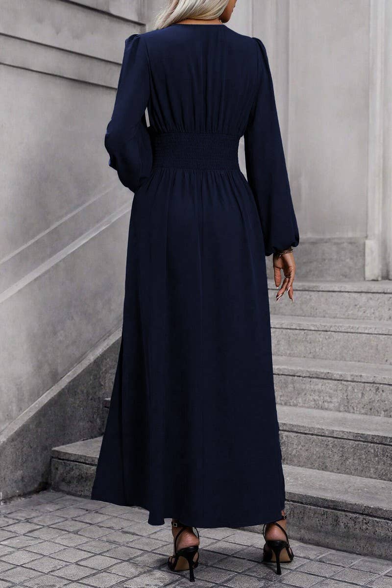 NINEXIS - Wholesale Dress - Women's - CWDMD3950_V-NECK LANTERN SLEEVES HIGH SLIT DRESS6