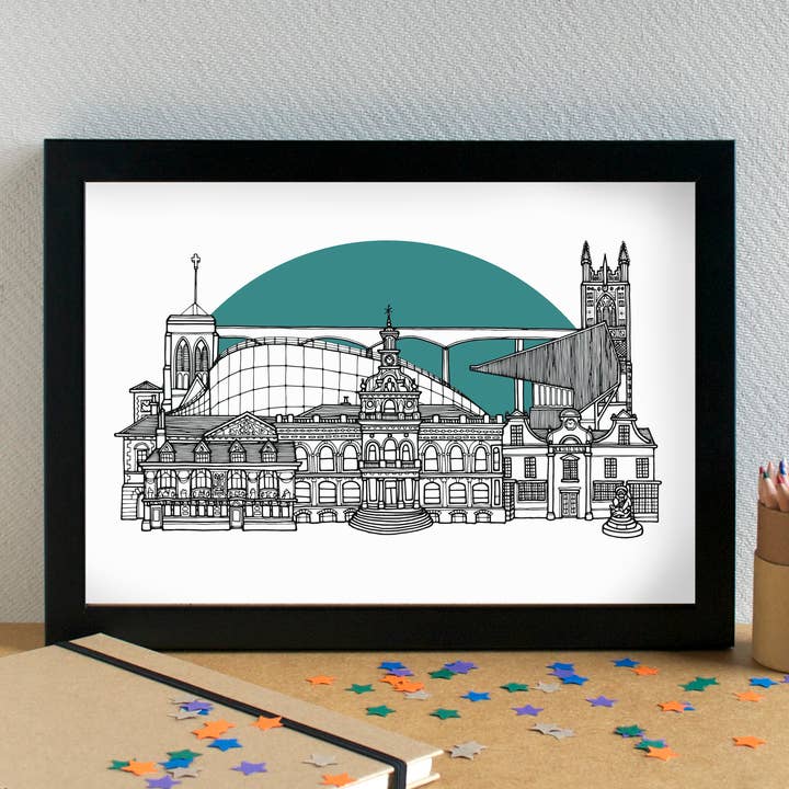 Impression artistique des monuments d'Ipswich Skyline, sans cadre pour la vente par Becka Griffin Illustration