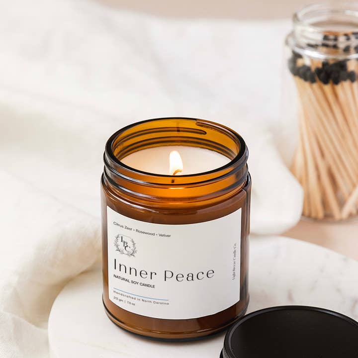 "Inner Peace Candle - Invigorating Citrus, Rosewood & Vetiver Blend for Tranquility" for wholesale by Light Breeze Candle Co.
