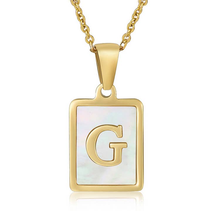 NINEXIS - Wholesale Pendant/Charm Necklace - CWAJE1917_Square Stainless Steel White Shell Letter Necklace7