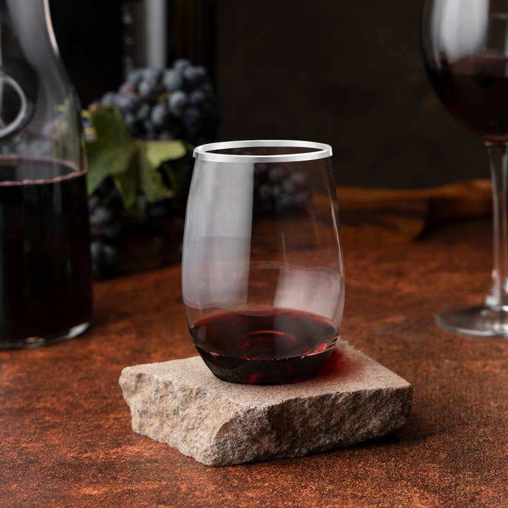 Smarty had a Party - Wholesale Wine Glass - 12 oz Clear w/ Silver Stemless Plastic Wine Glasses - 16 pcs8