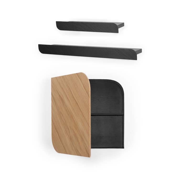 Cielo cabinet and M+S shelves · Oak & black and black for wholesale by Woodendot