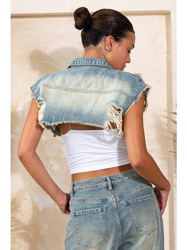 Vintage Wash Vintage bolero-jack van gerafeld denim zonder mouwen voor groothandel op Faire