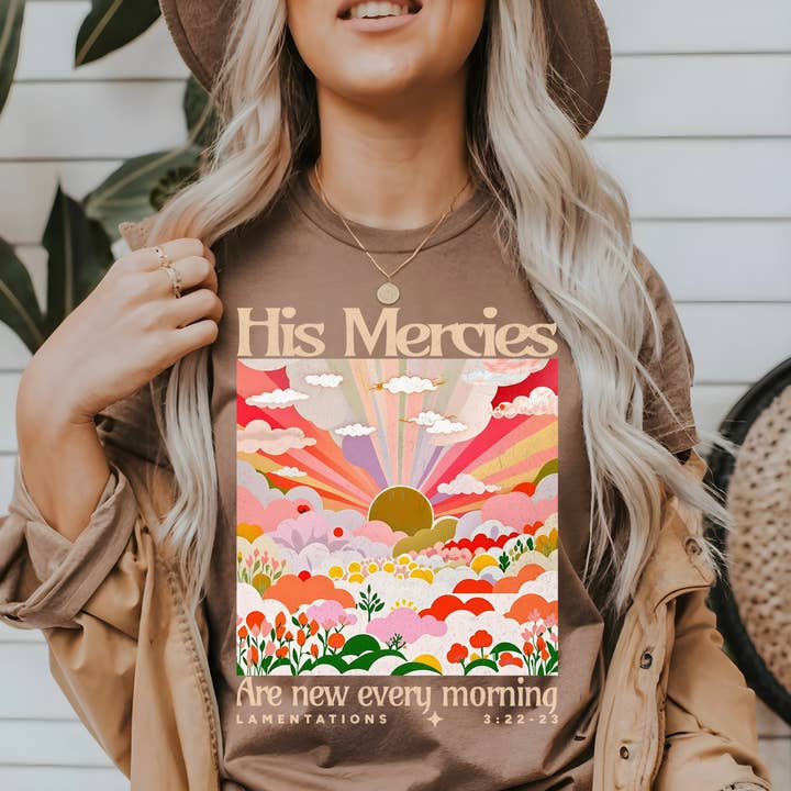 Scripted Pearl - Wholesale Screen Printed T-Shirt - Women's - His Mercies Are New Floral Comfort Colors Christian T Shirt9