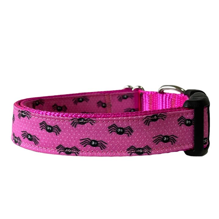 Pink Spider Halloween Dog Collar, Fall Spooky for wholesale by Sew Fetch Dog Co