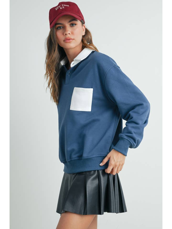 BUTTERMELON - Wholesale Sweatshirt – Women's - Two-Toned Polo Collar Sweatshirt - BMT75254