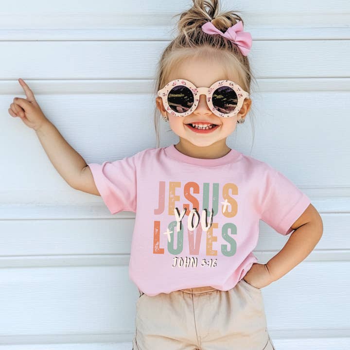 Jesus Loves You Color Block Youth Faith Graphic Tee for wholesale by J. Mack Designs