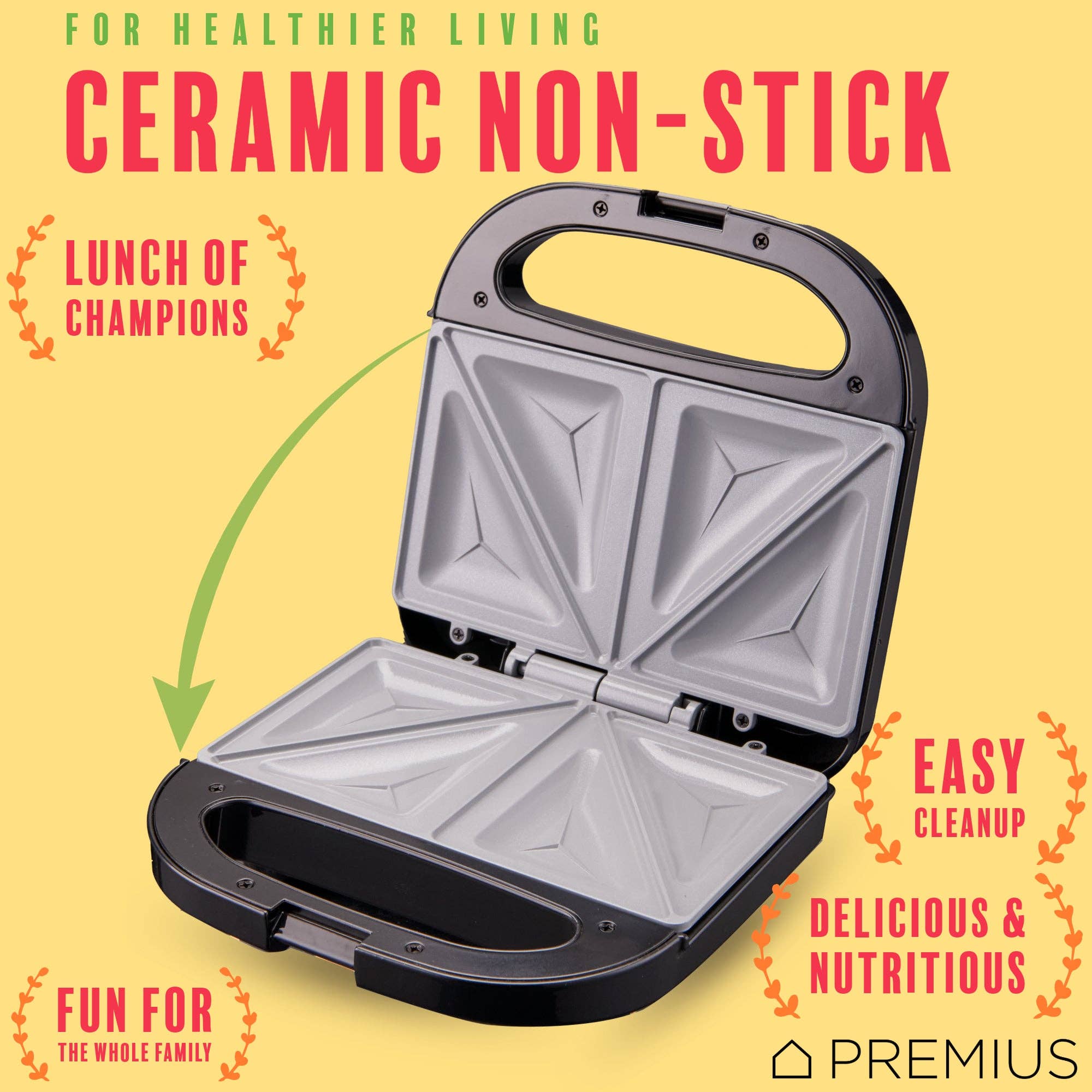 ShopBobbys - Wholesale Kitchen Appliance - PREMIUS Ceramic Non-Stick Double Slice Sandwich Maker, 8.25x4.75 Inch Mold15