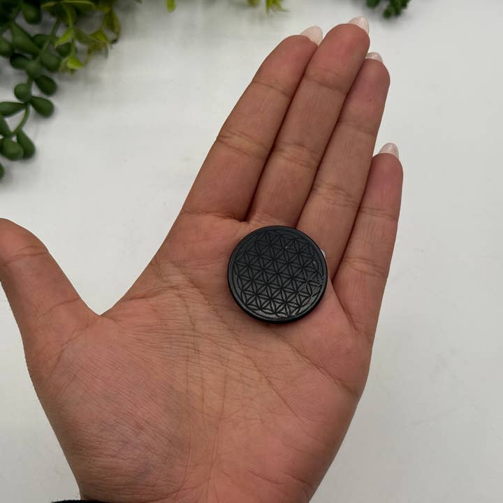 Meraki Gemstones - Wholesale Spiritual Stone/Crystal - Shungite EMF Cell Phone Tile Engraved w/Flower of Life-30MM