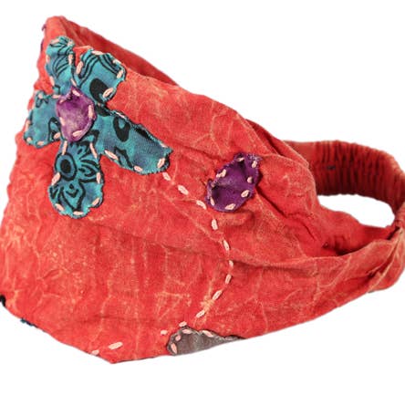 Earth Divas - Wholesale Fashion Headband - Women's - Red Stonewash Flower Embroidered Headband