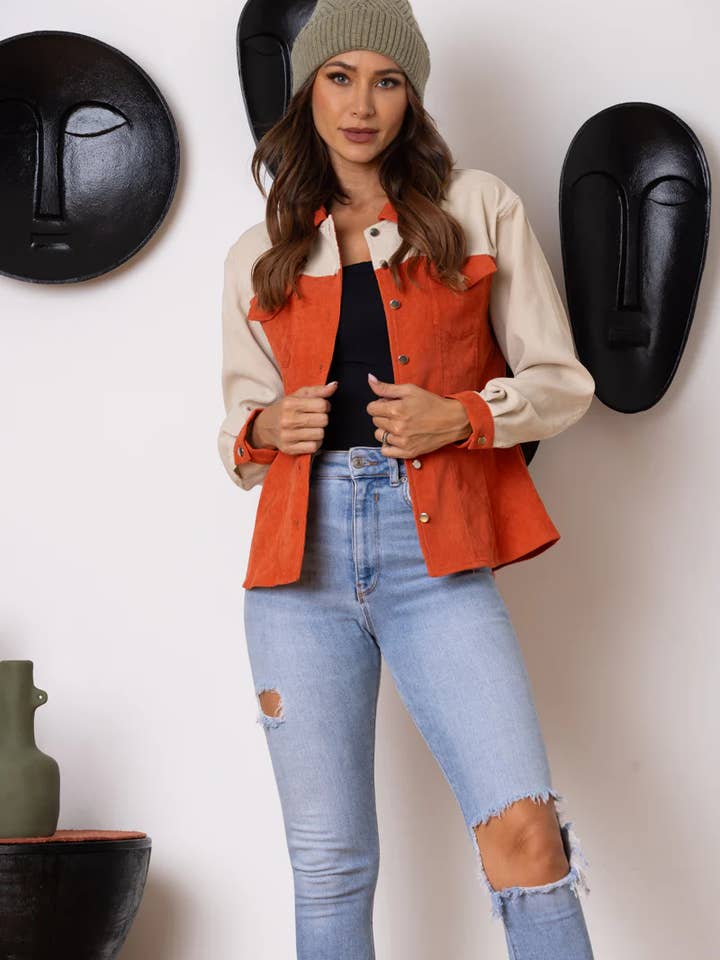 ORANGE/BEIGE FÄRGBLOCK CORDUROY LÅNGÄRMAD JACKA-B51570 för wholesale av Stylish Wholesale