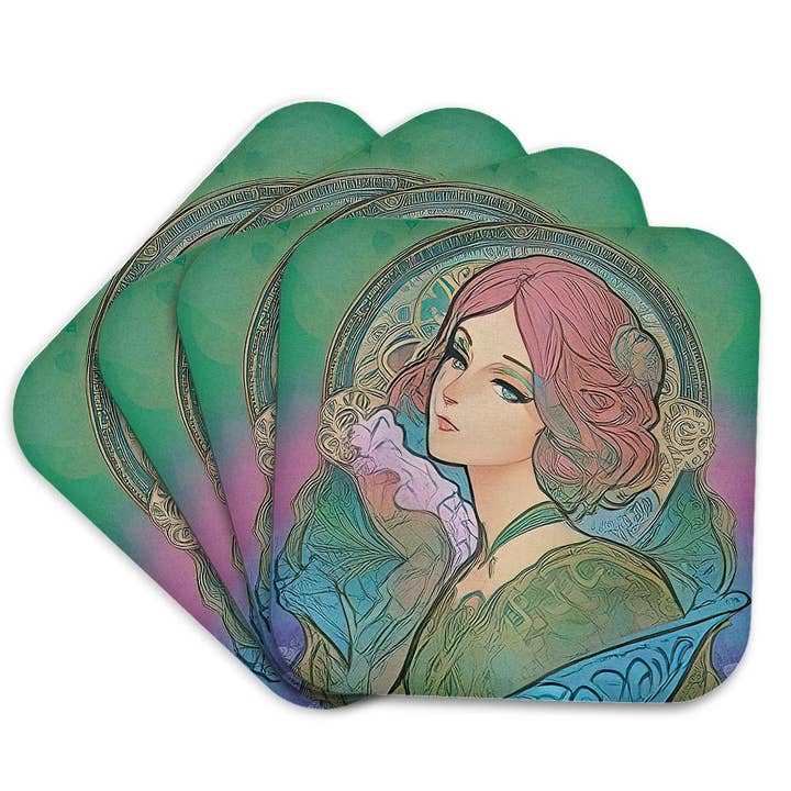 3dRose - Wholesale Coasters - 3dRose, Art Nouveau woman. Beautiful lady in green, blue, pink colors gift, Coaster7
