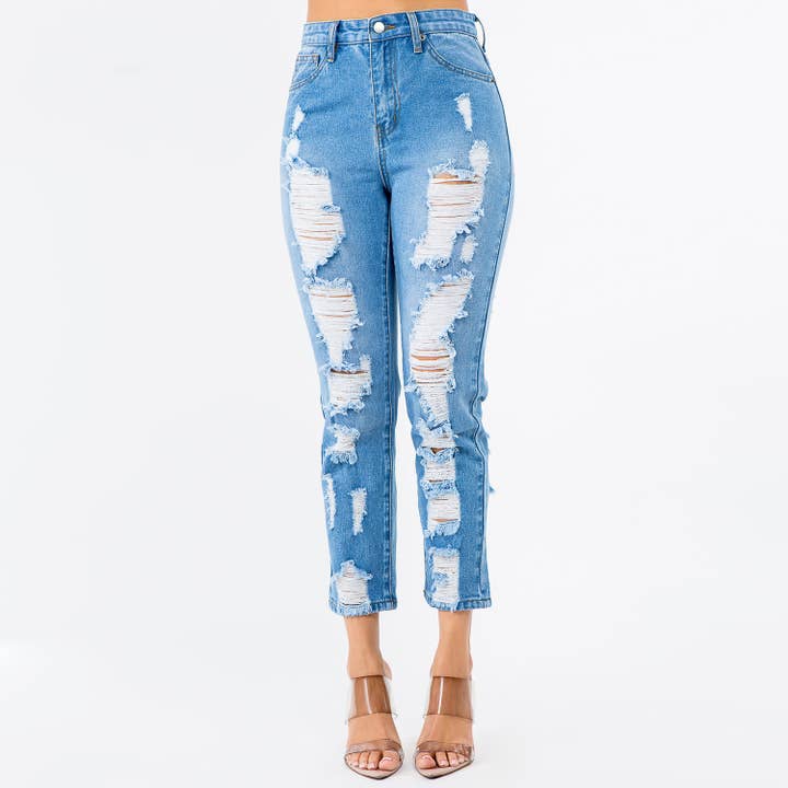 HØJ TALJE NØDLIDENDE KÆRESTE JEANS-RJH20486 for engroshandel hos American Bazi