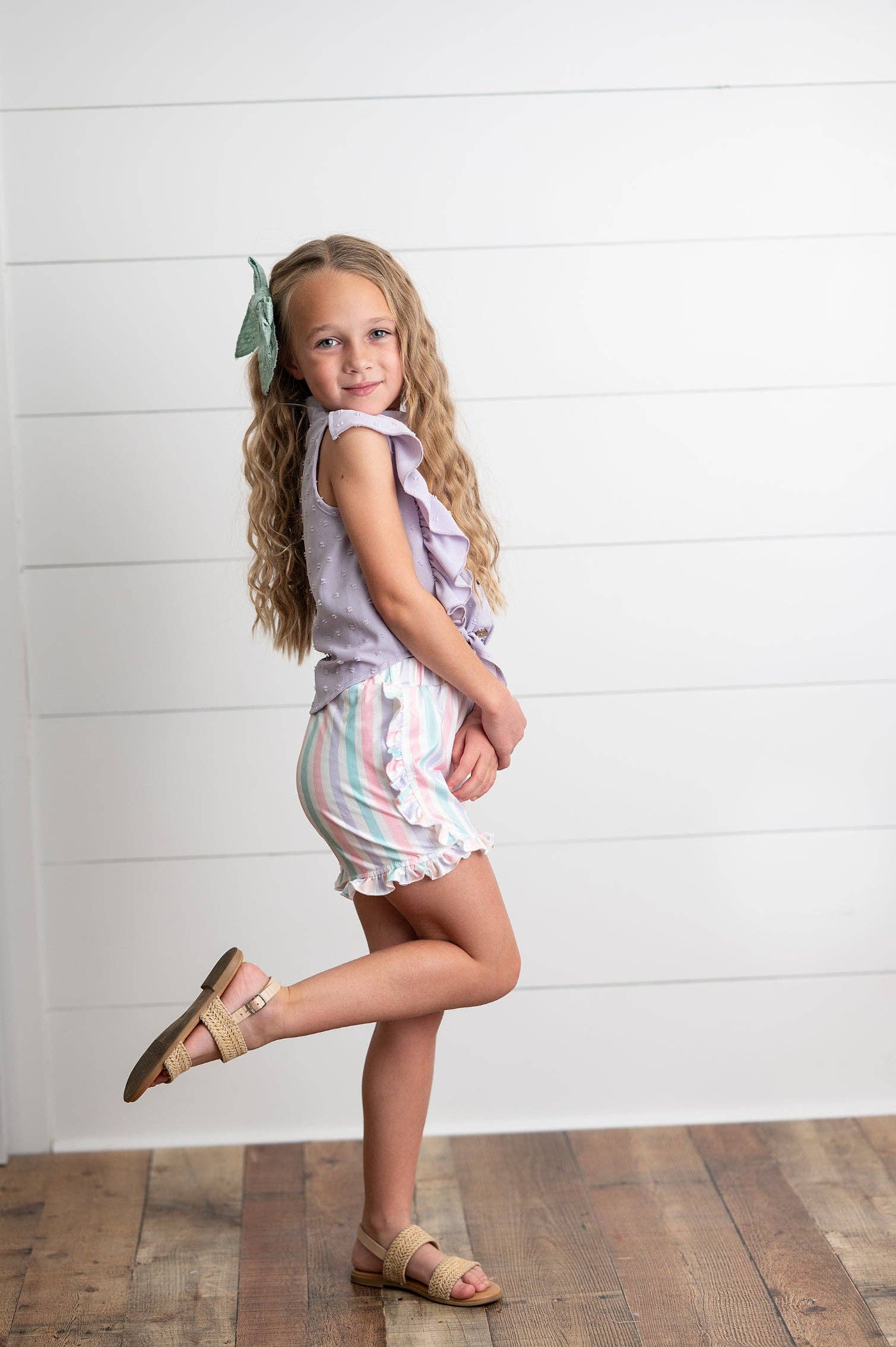 Wren & James - Wholesale Top & Short Set - Kids - Kids Lavender Ruffle Top & Pastel Stripe Spring Short Set4