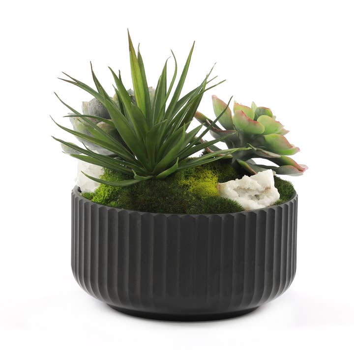 Arrangement de fausses plantes succulentes et de mousses dans un pot noir côtelé pour la vente par JENNY SILKS
