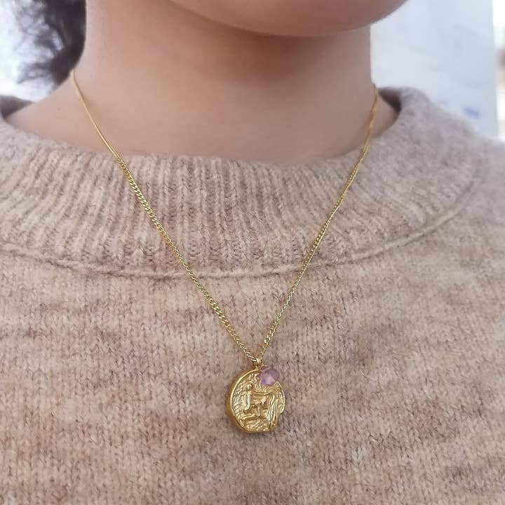 Collier Astrologie Acier Médaille Verseau Améthyste pour la vente par Bijoux 7bis