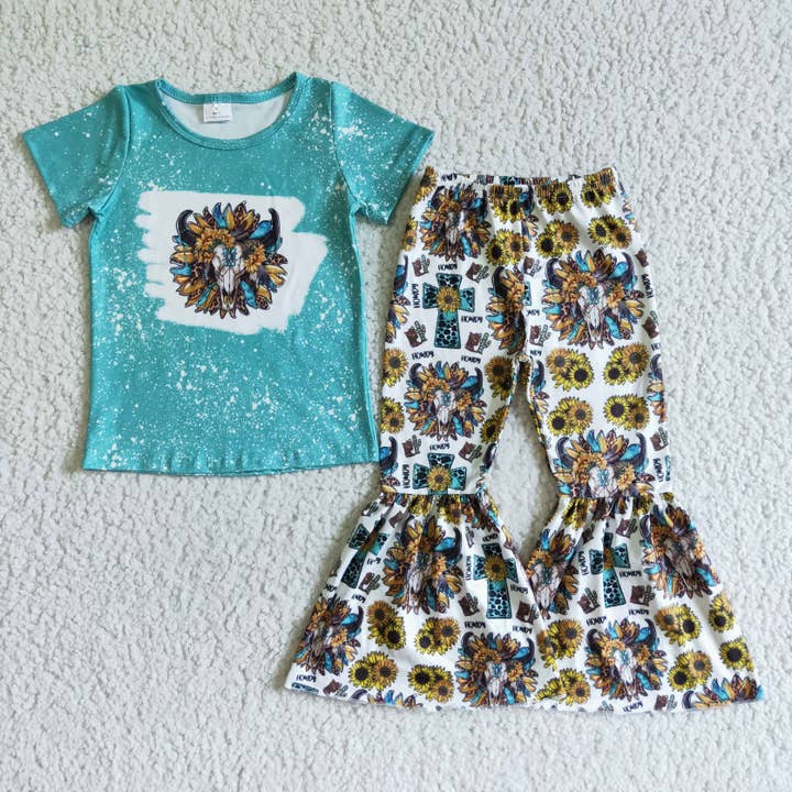 Yawoo Garments - Wholesale Top & Pant Set - Kids - Bull skull sunflower shirt pants girls clothes1