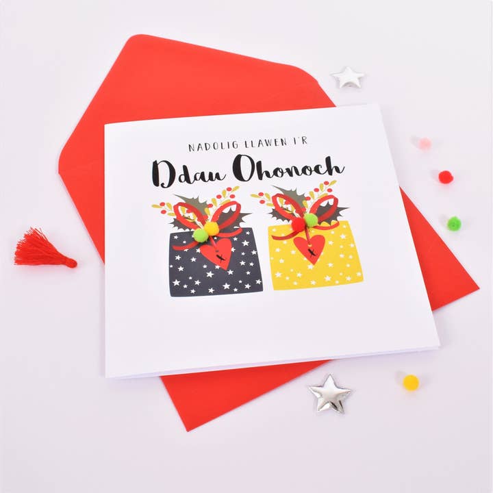 Welsh Christmas Card, Nadolig Llawen, To Both of You, verziert mit Pompons für den Großhandel von Claire Giles Ltd